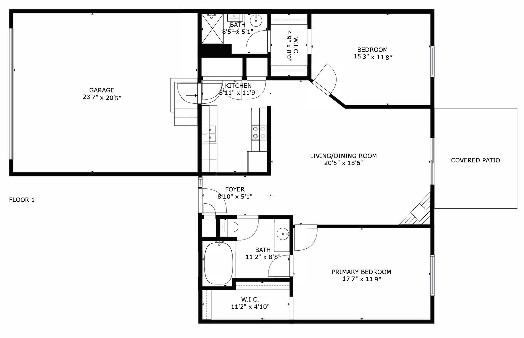 2 bed 2 bath Black-and-white architectural floor plan with multiple rooms, hallways, and doors.