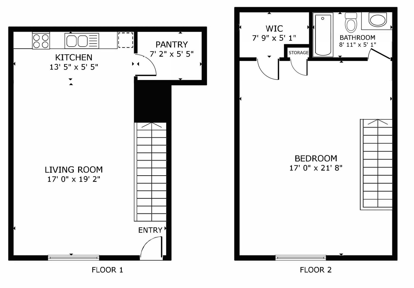 1 bed 1 bath black-and-white floor plan sketches labeled Floor 1 and Floor 2, showing rooms and stairs, floor plan at Pilgrim way