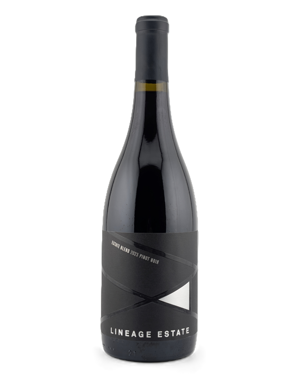 Black wine bottle with a dark label reading Lineage Estate on a white background