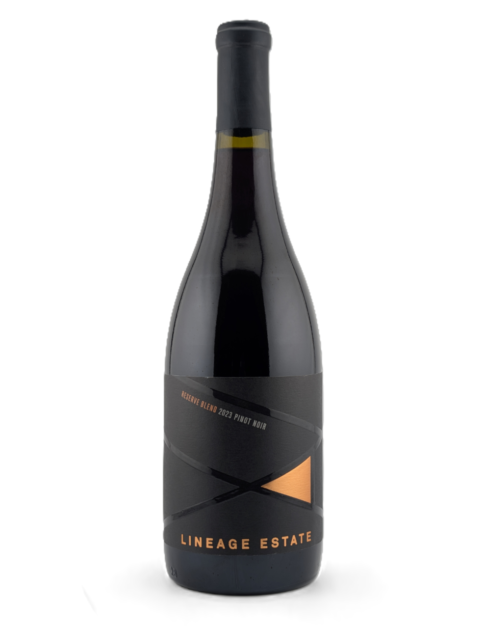 Dark wine bottle with a black and orange label reading “Lineage Estates” on a white background