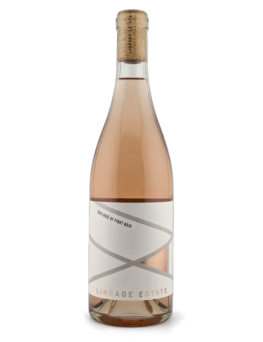 A clear bottle of pale rosé wine with a cork and minimalist label on a white background