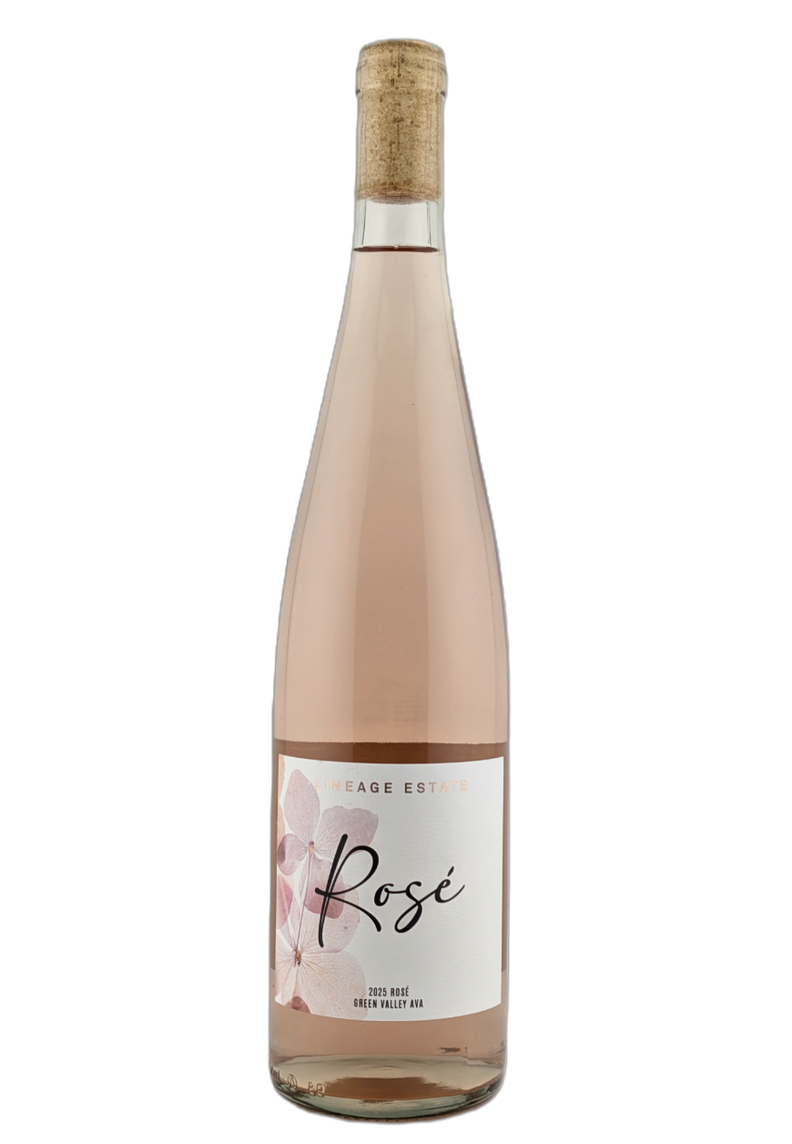 Bottle of pale pink rosé wine with a cork and labeled “Rosé” on a white background