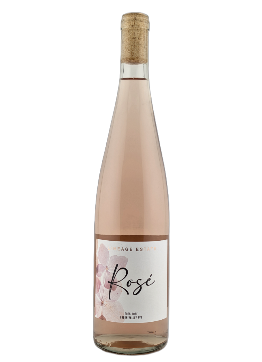 Bottle of rosé wine with a pink label and cork stopper on a white background