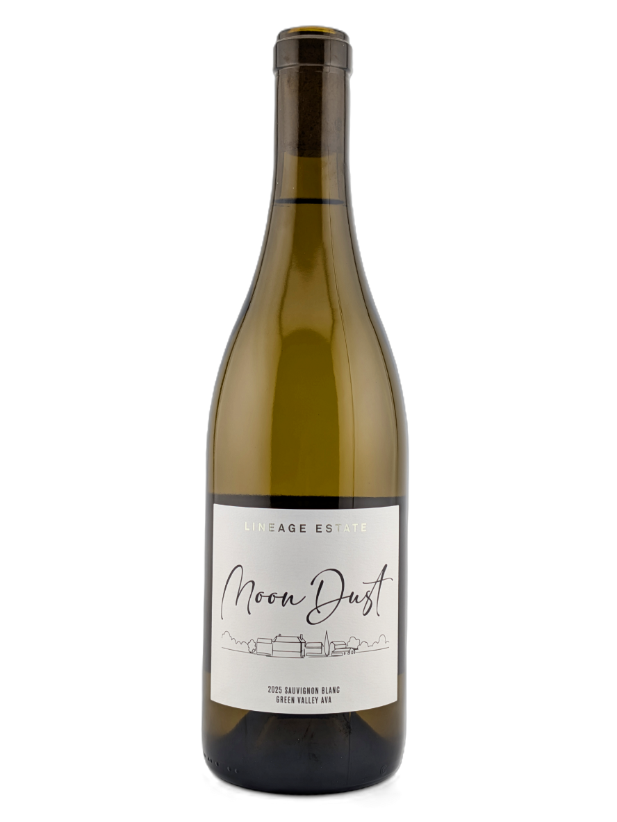 Single white wine bottle with a white label and dark green glass, isolated on a white background