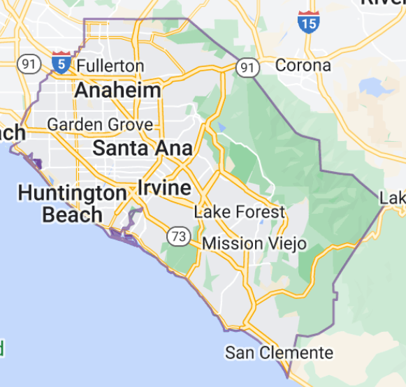 Map of Orange County, California, showing Anaheim, Santa Ana, Irvine, and coastal cities.