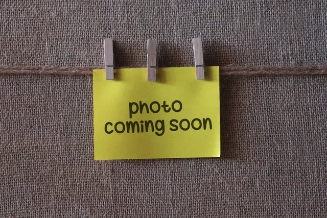 A yellow sign that says photo coming soon is hanging on a clothes line