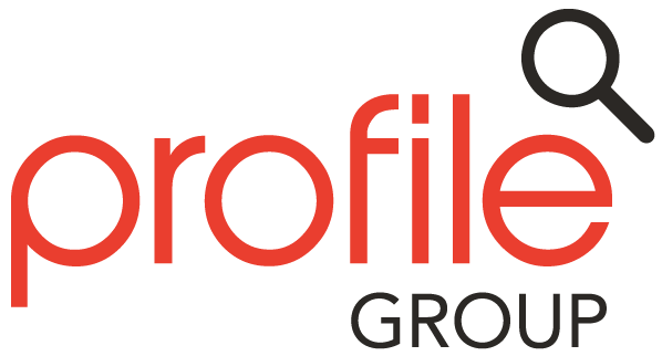 Profile Group logo in red and gray with a black magnifying glass icon
