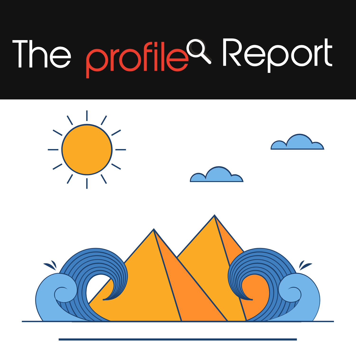 The Profile Report logo with sun, clouds, blue waves, and orange mountains