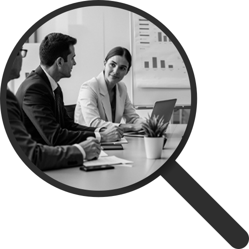 Two colleagues in a meeting, shown inside a magnifying glass icon, in black and white.