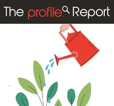 Logo with a red watering can watering green leaves beside the text “The profile Report”