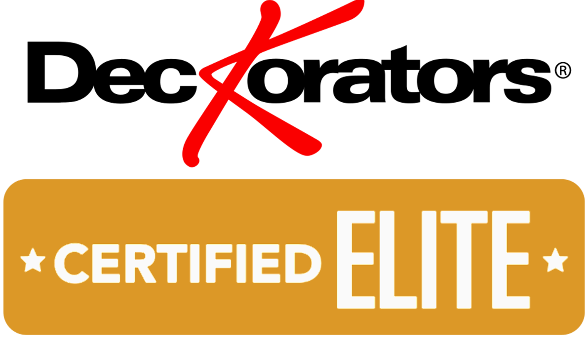 Decorators Certified Elite logo with white text on a gold badge and a red X over the black wordmark