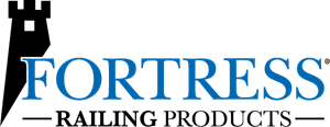 Fortress Railing Products logo with black castle icon and blue serif text