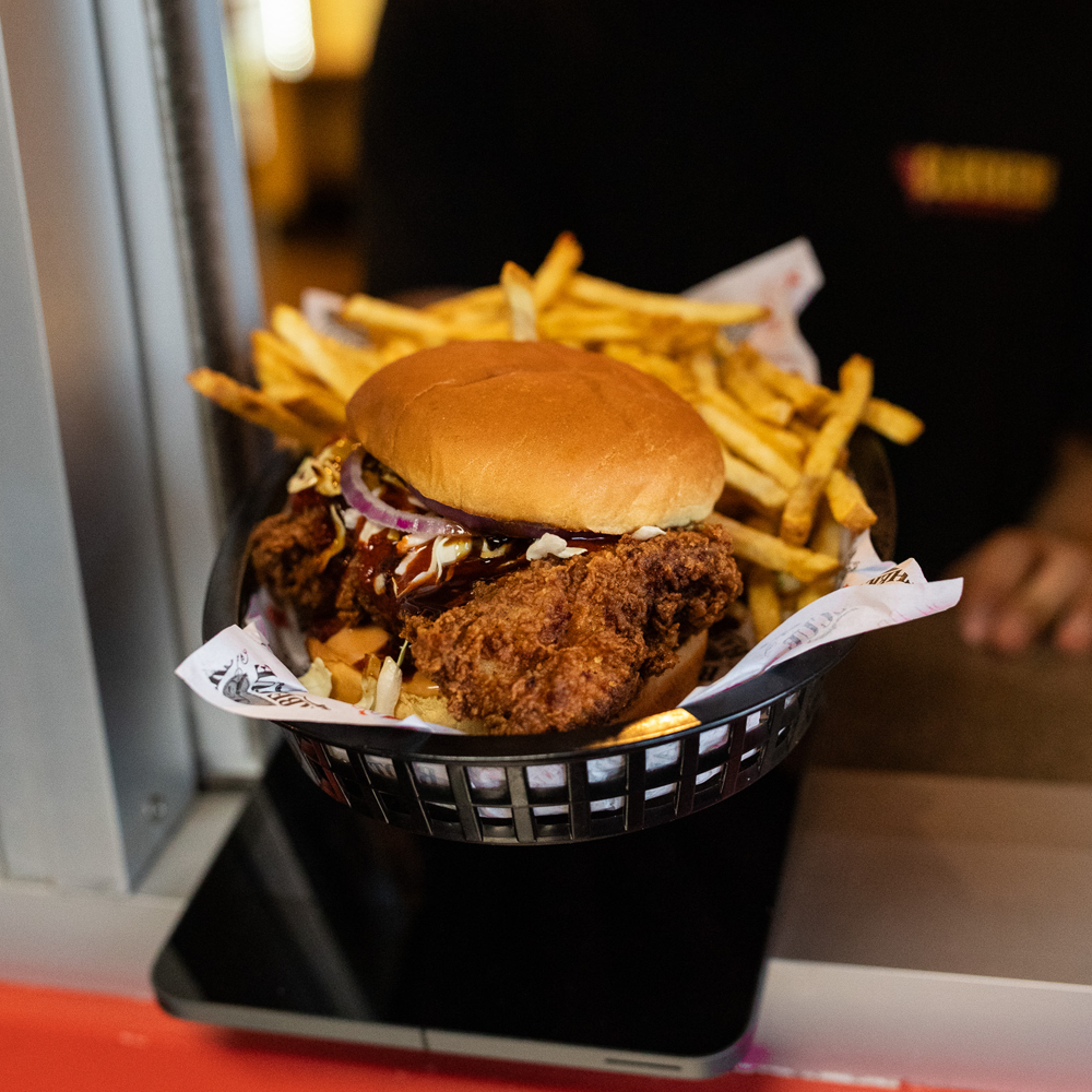 A close-up of a Clucker's chicken sandwich