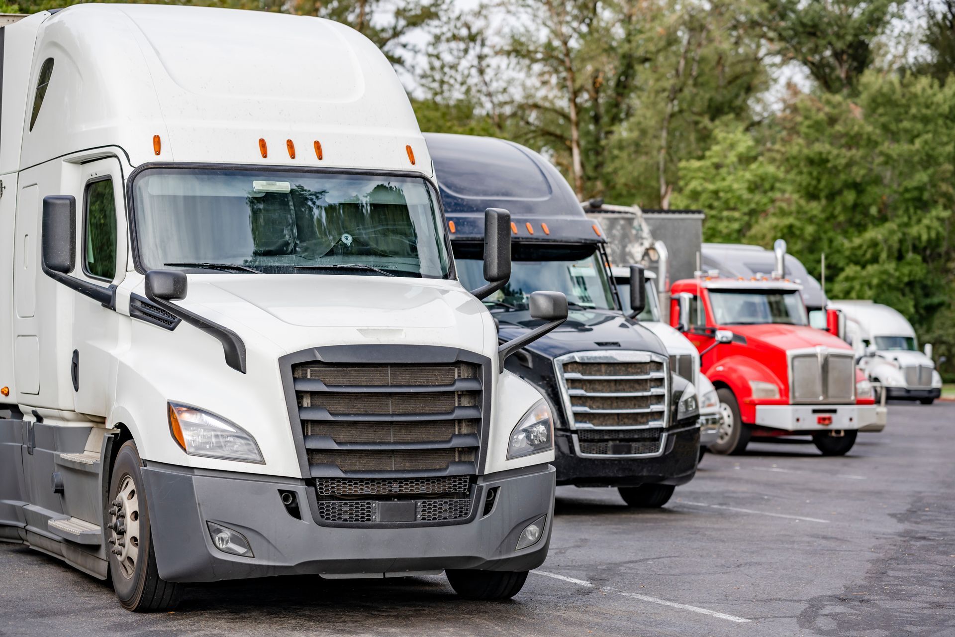 Semi-trucks parked in a lot; white, black, and red cabs.