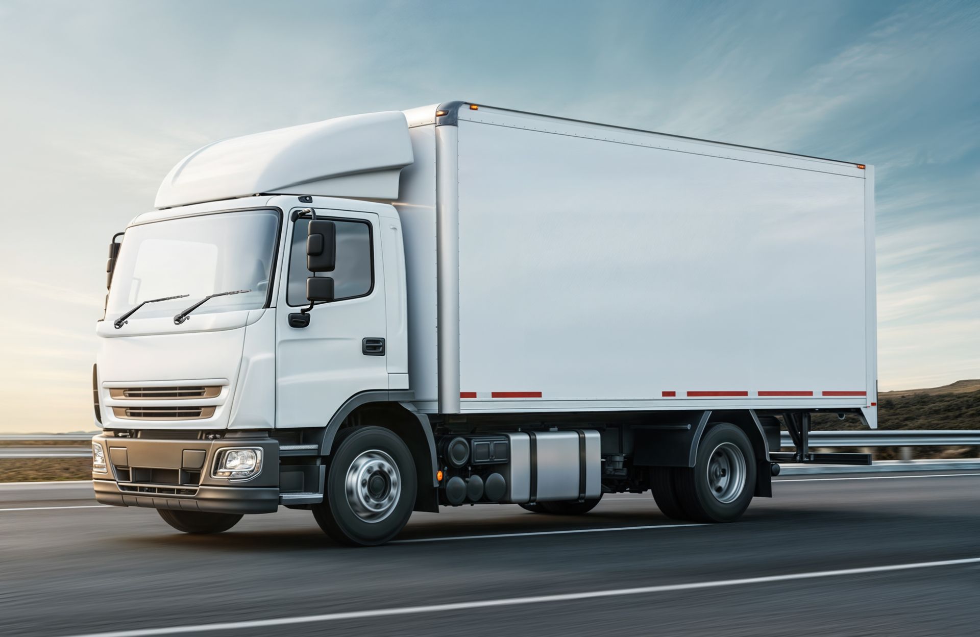 White box truck on a highway, transporting goods. Bright sky and roadway background.