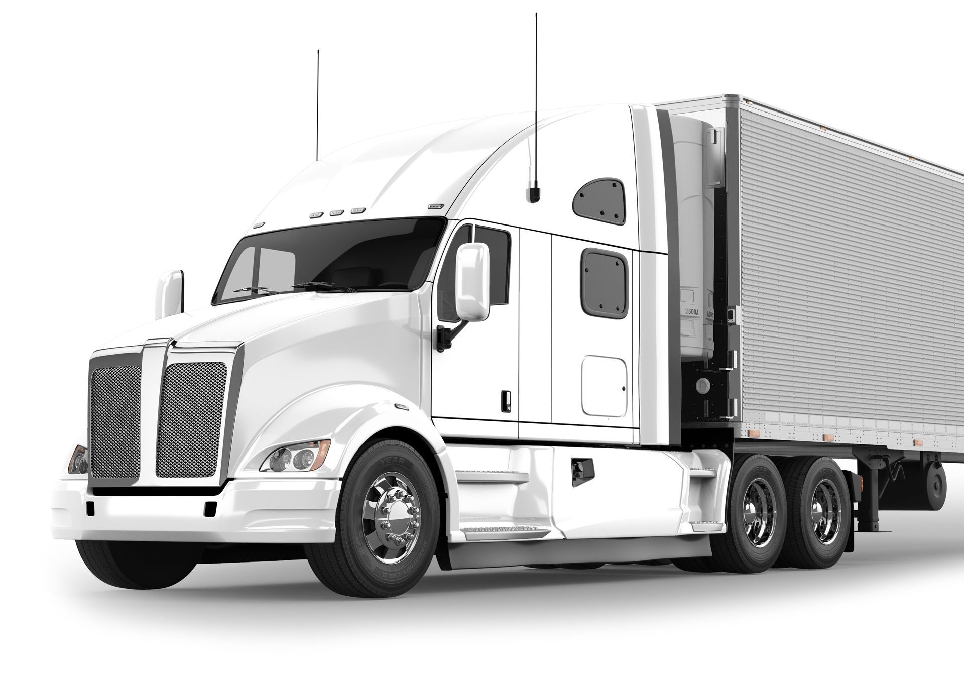 White semi-truck with trailer on a white background.