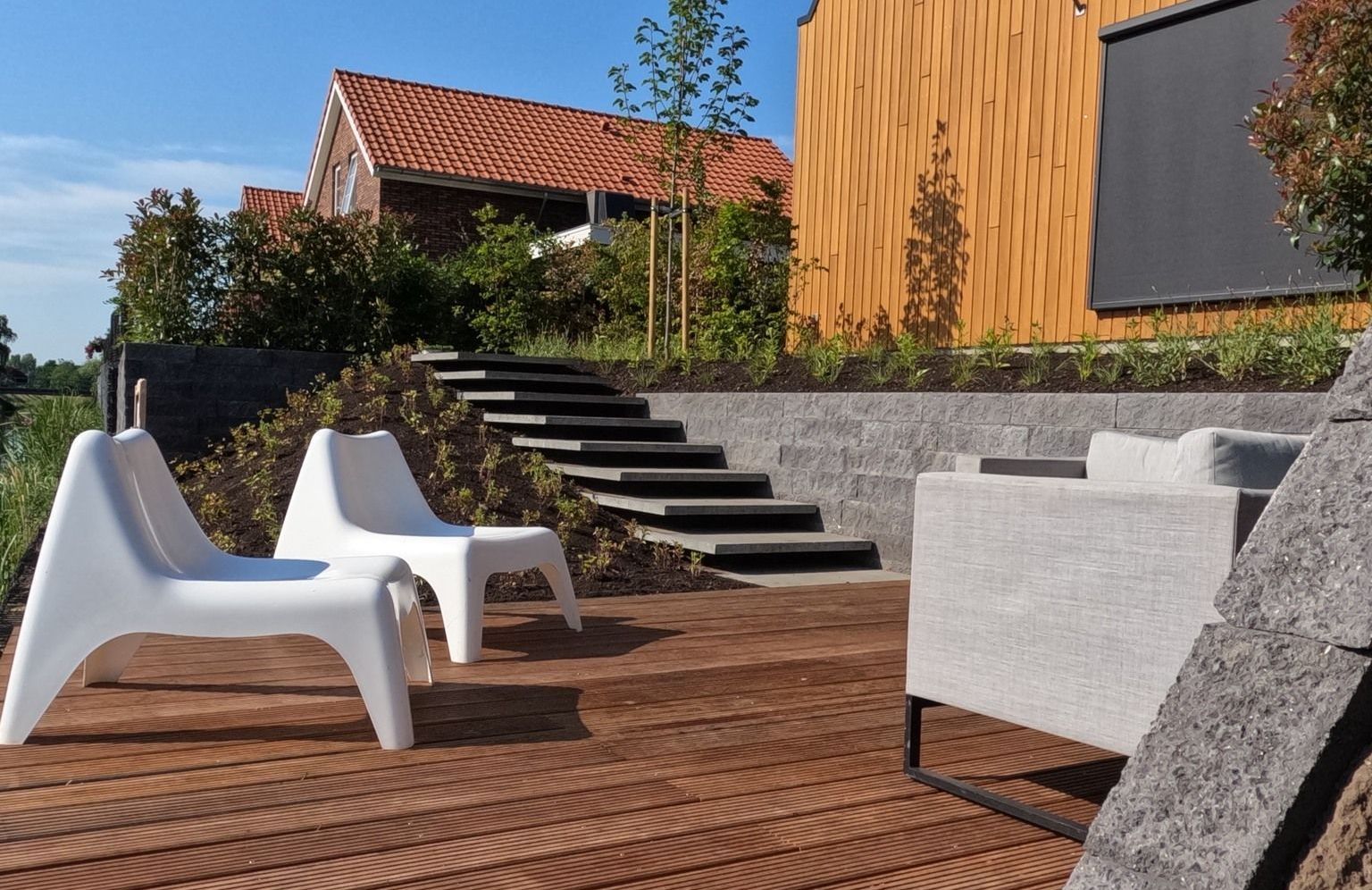 Terras aan het water.
