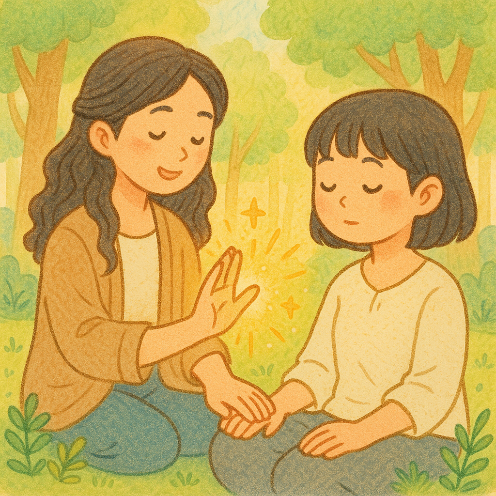 Two people sitting outdoors, one gently holding the other’s hand amid glowing greenery.