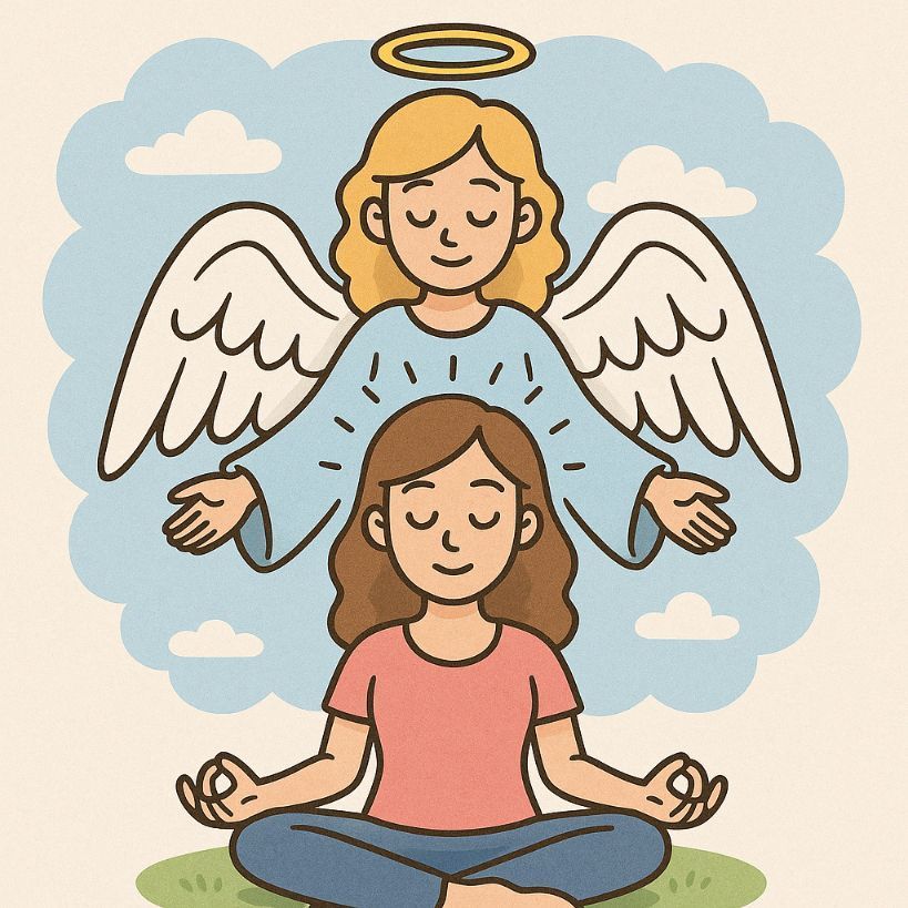 Angel with halo above a person meditating, set against a blue sky with clouds.