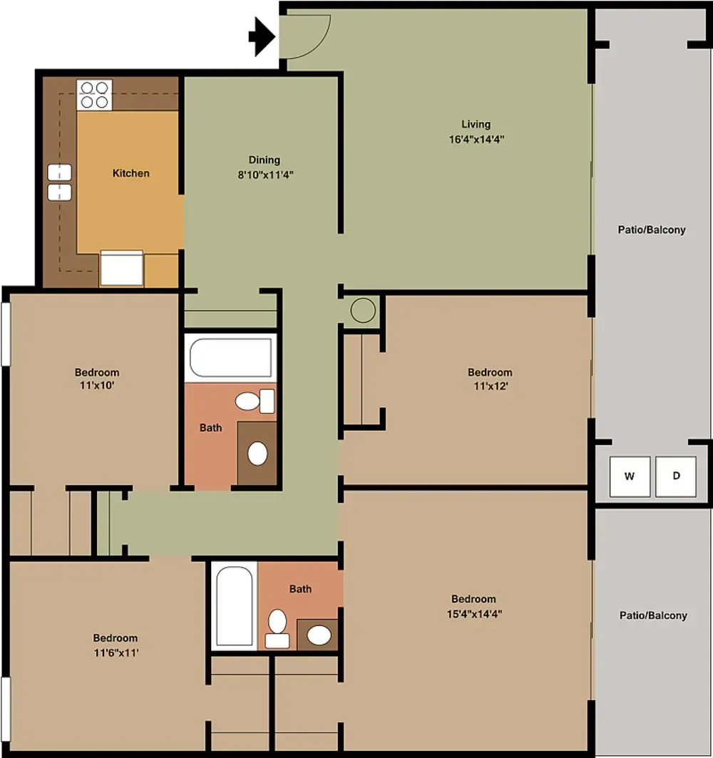 A floor plan of a house with three bedrooms and a balcony