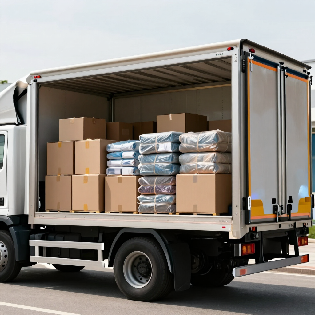Camión de reparto con el compartimento de carga abierto y repleto de cajas de cartón apiladas y productos en bolsas