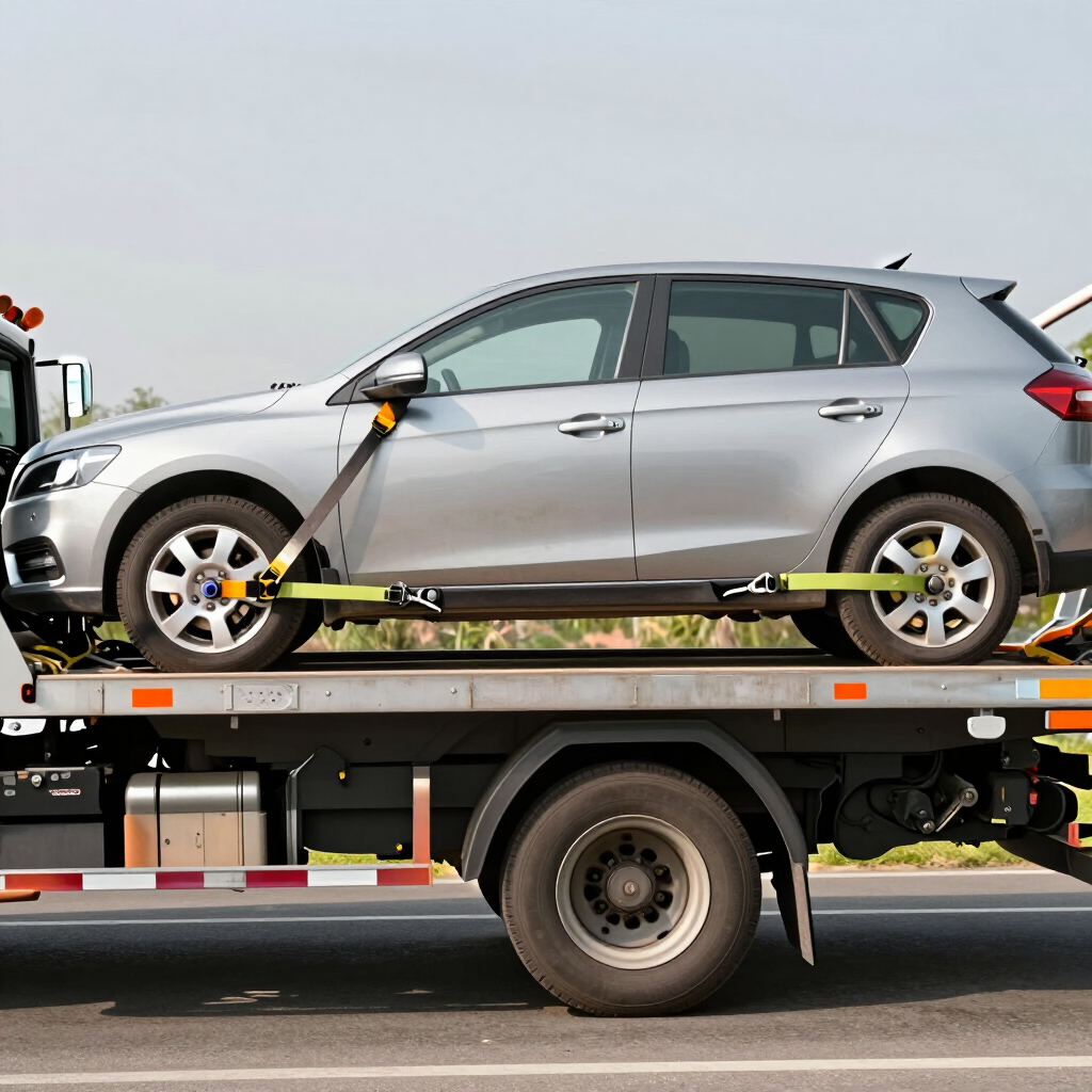 Hatchback plateado asegurado en una grúa de plataforma, visto de lado