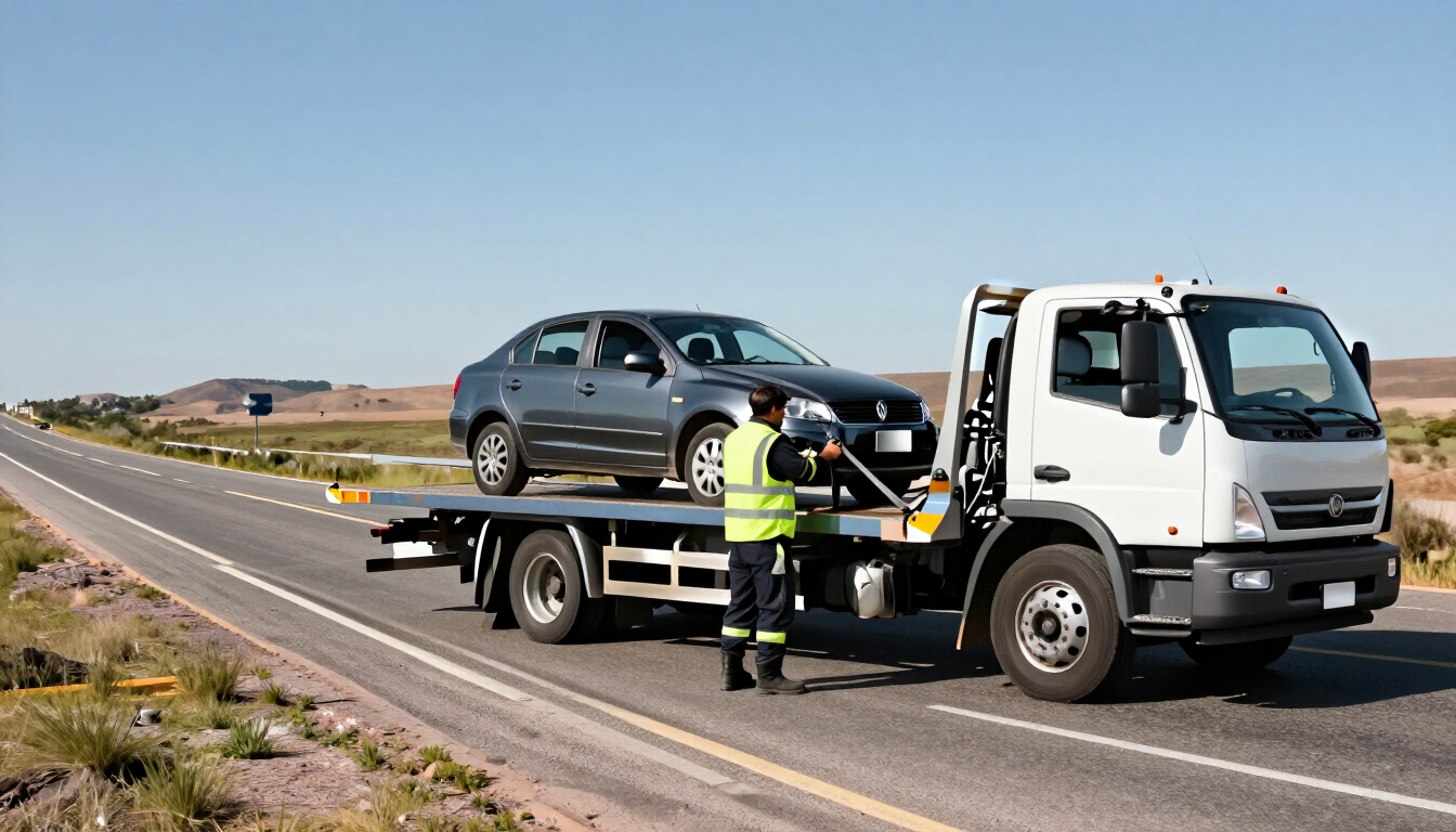 Una grúa cargando un SUV gris en la carretera, con un operario vestido con ropa de alta visibilidad