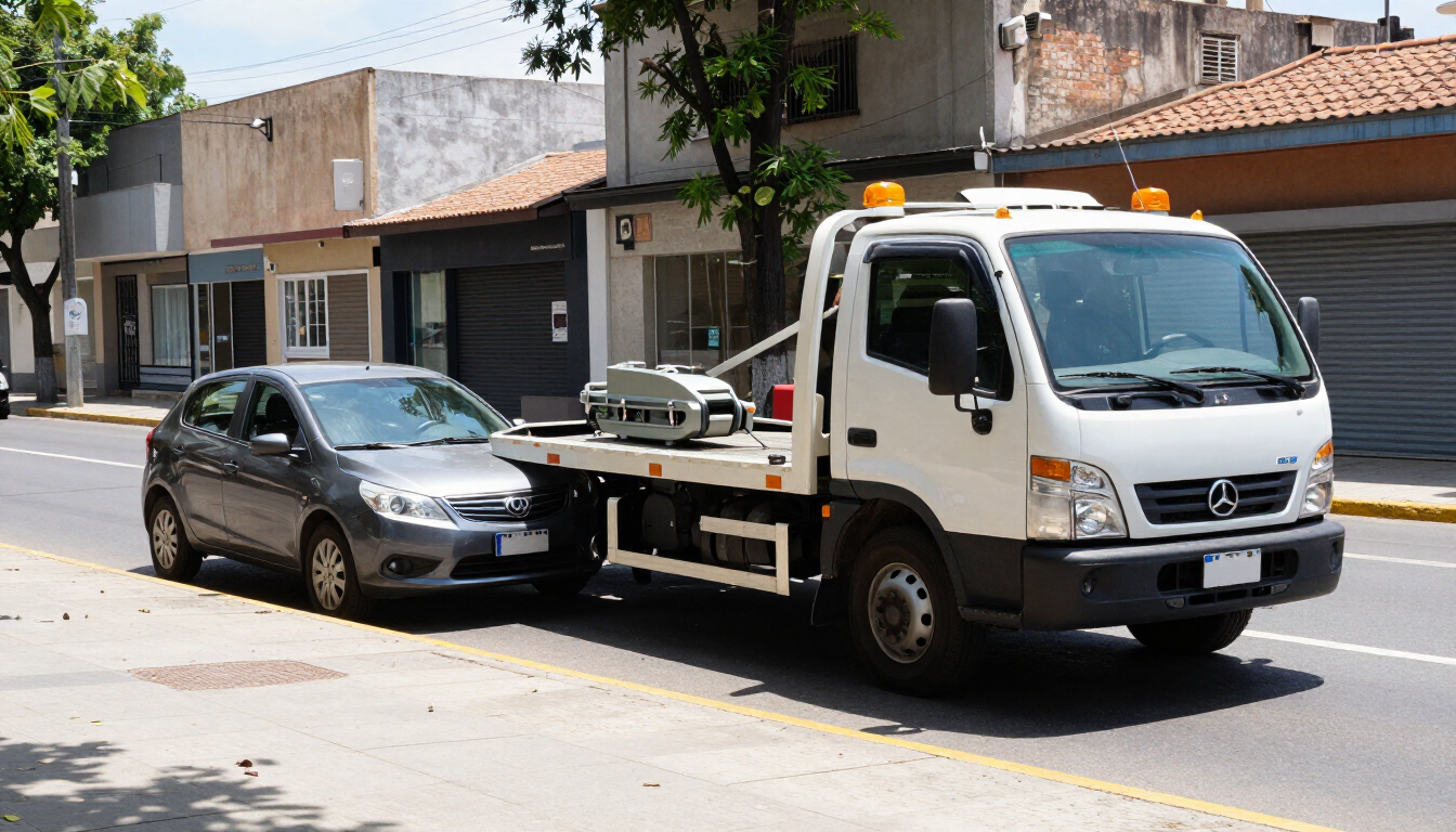 Grúa estacionada junto a un auto gris en una calle de la ciudad, junto a edificios y un árbol