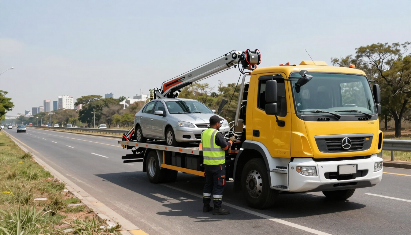 Una grúa cargando un coche plateado en el arcén de una autopista, con un trabajador cerca que lleva un chaleco reflectante