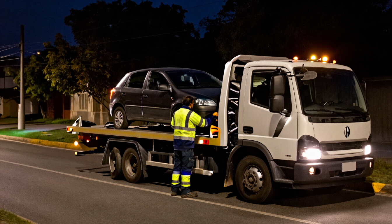 Una grúa remolca un coche negro averiado por la noche, mientras un operario con ropa de alta visibilidad está a su lado