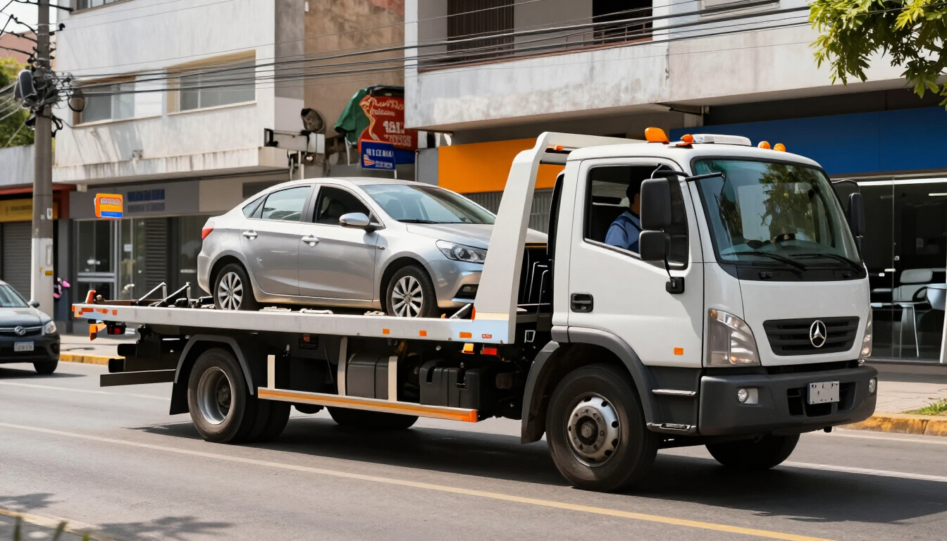 Grúa transportando un coche plateado por una calle de la ciudad