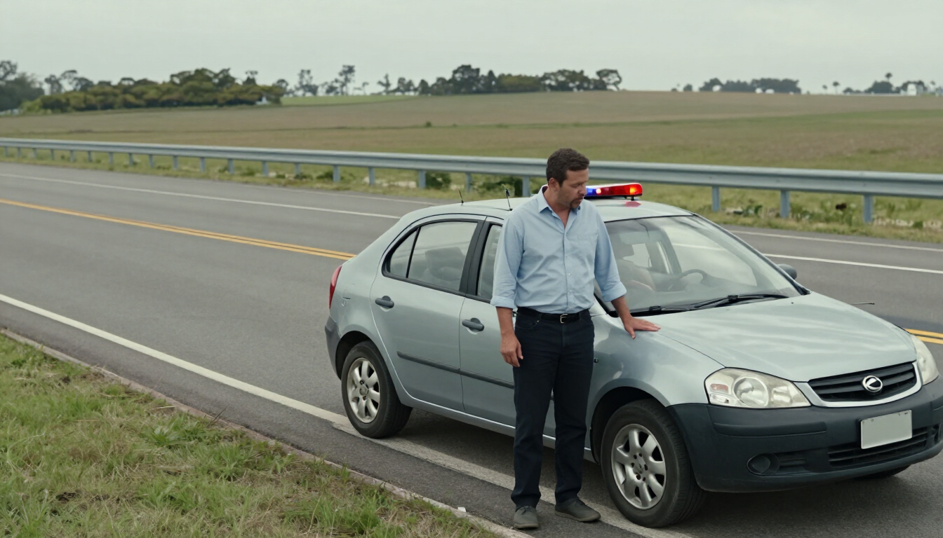 Un hombre de pie junto a un sedán plateado a un lado de la carretera, con una luz roja en el techo y campos abiertos al fondo