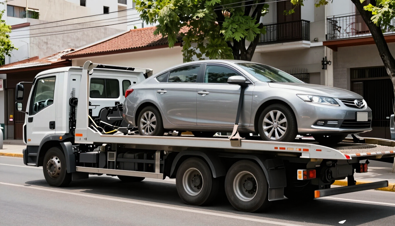 Grúa que transporta un sedán plateado sobre una plataforma en una calle de la ciudad