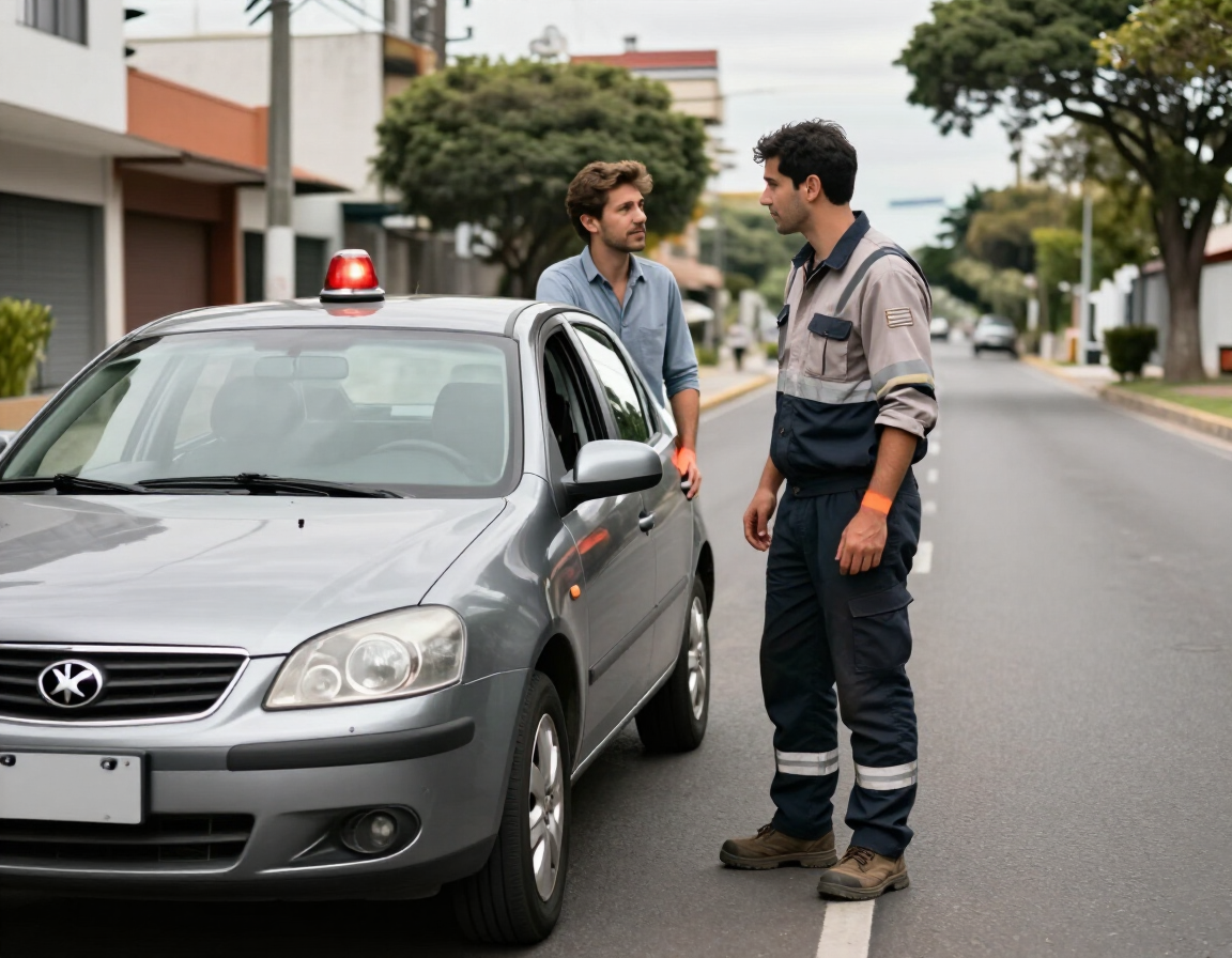 Dos hombres conversan junto a un coche gris con una luz roja intermitente en una calle de la ciudad