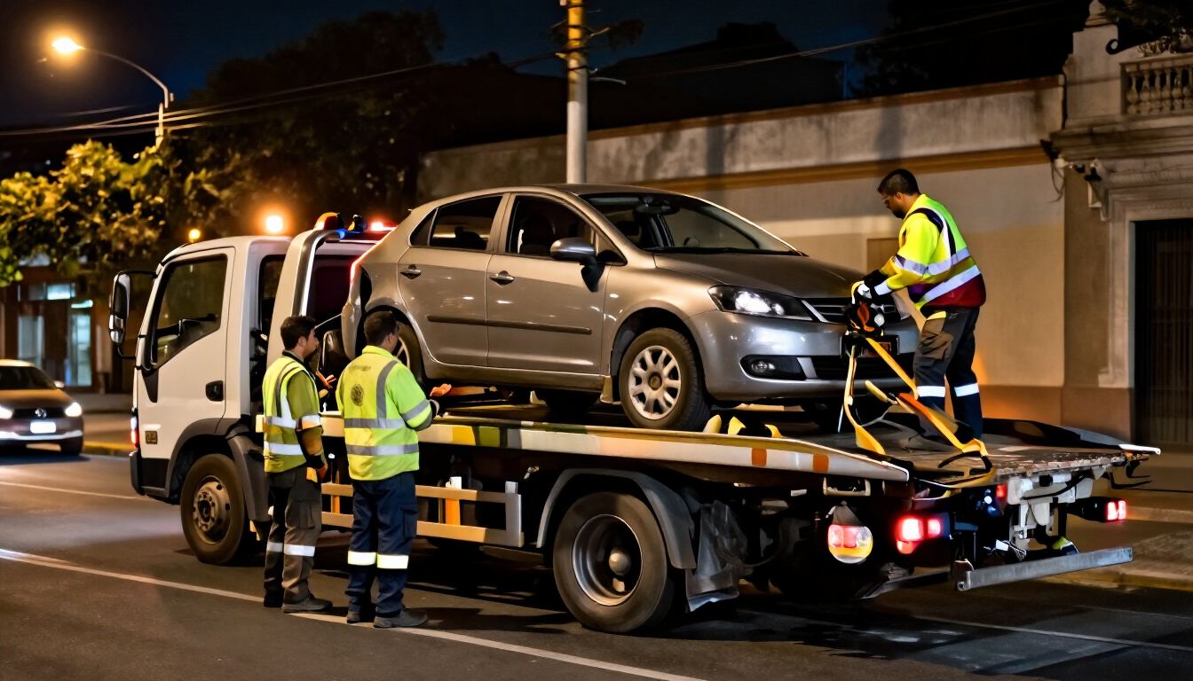 Una grúa está cargando un coche plateado de noche mientras dos trabajadores con chalecos de alta visibilidad lo aseguran