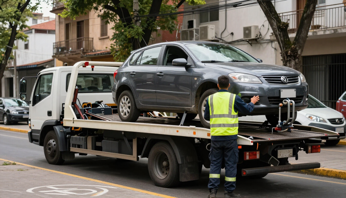 Una grúa cargando una camioneta SUV gris en una calle de la ciudad, con un trabajador con chaleco reflectante cerca