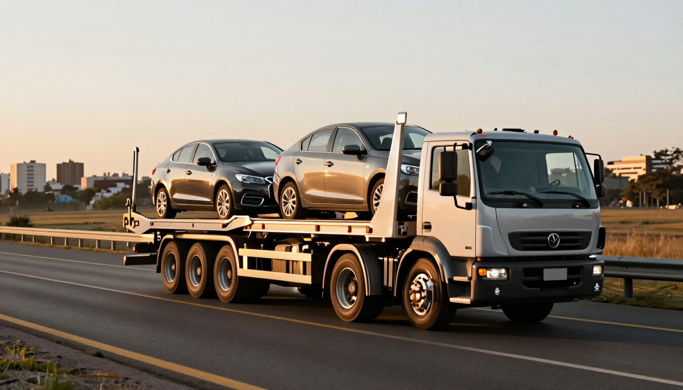 Camión portacoches blanco transportando dos coches por una autopista al atardecer