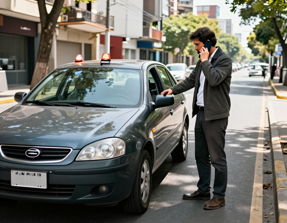 Hombre hablando por teléfono junto a un sedán verde oscuro estacionado en una calle de la ciudad