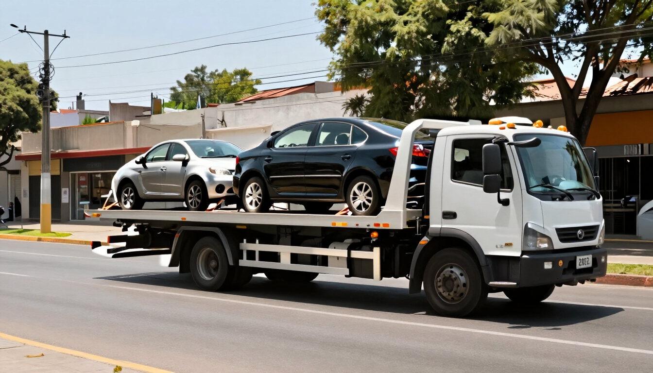 Grúa blanca transportando un sedán plateado y una SUV negra por una calle soleada de la ciudad