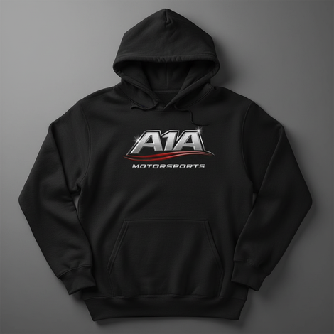 Black hoodie with AIA Motorsports logo on the chest, laid flat on a gray background