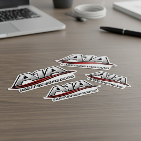 A desk with several AVA logo stickers beside a laptop and pen