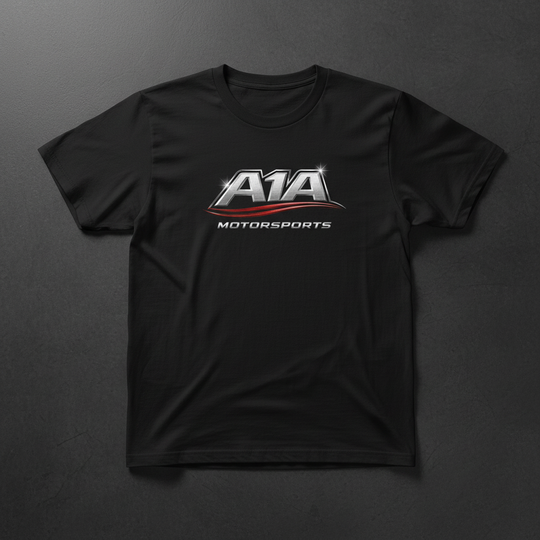 Black AIA Motorsports T-shirt with white and red logo on a dark background