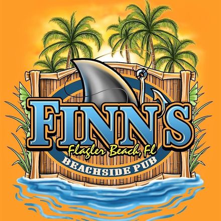 Finn's Beach Bar logo with shark fin, palm trees, and blue water on an orange background