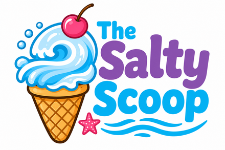 Ice cream cone logo with blue swirl, pink cherry, and the words “The Salty Scoop”