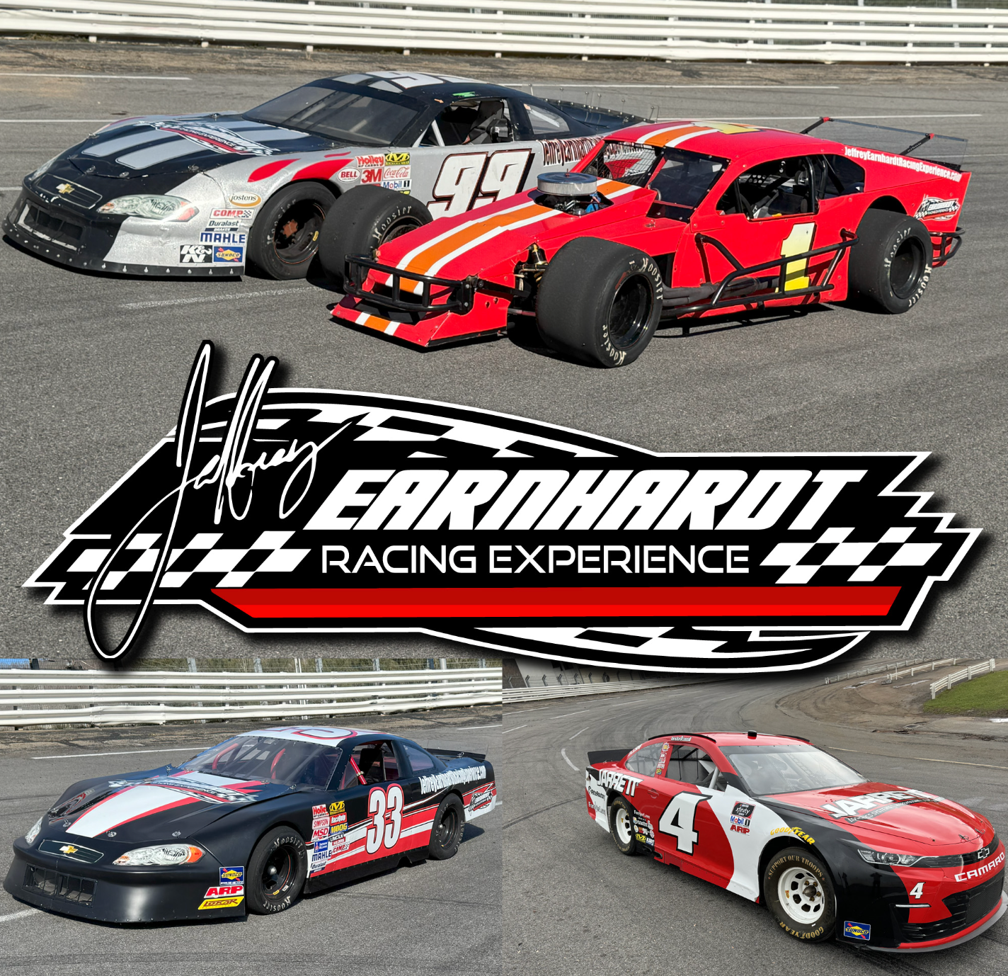 Four stock cars racing with Caraway Racing Experience logo on a track background