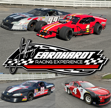 Four stock cars on a track with “Fairhope Racing Experience” logo centered