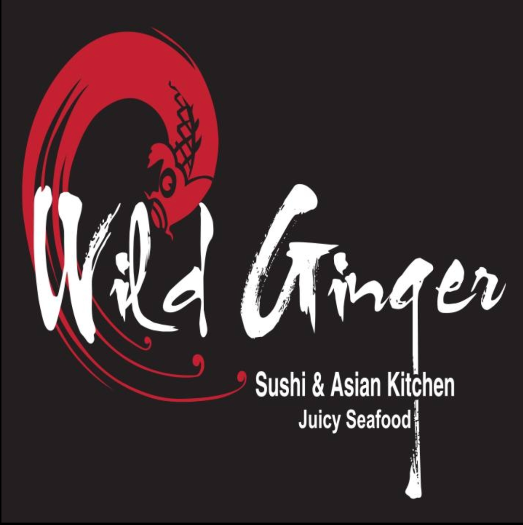 Wild Ginger restaurant logo in red and white on black, with “Sushi & Asian Kitchen” and “Juicy Seafood.”