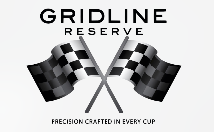 Gridline Reserve logo with two black-and-white checkered flags and tagline “Precision crafted in every cup”