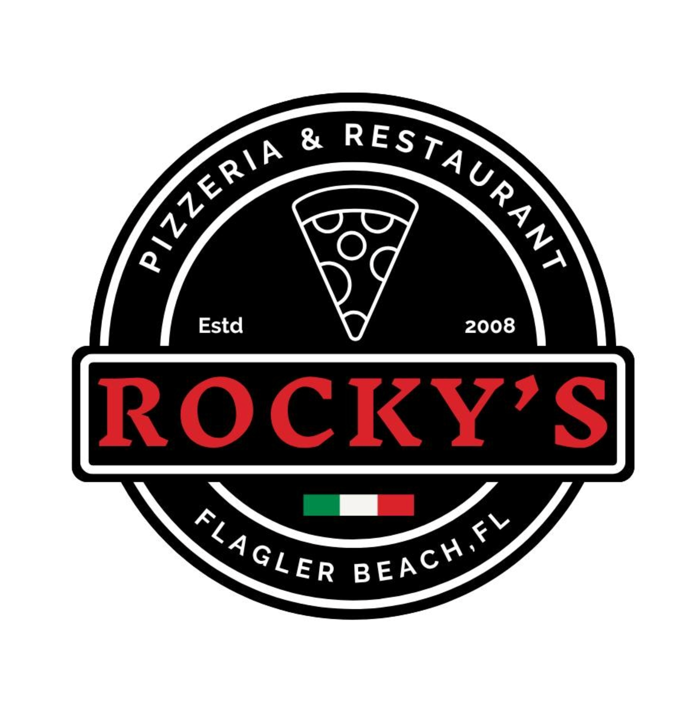 Rocky’s Pizzeria & Restaurant logo with pizza slice, red name, and Flagler Beach, FL text