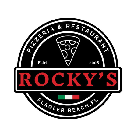 Rocky’s Pizzeria & Restaurant logo in black, red, and white with a pizza slice and Flagler Beach, FL text